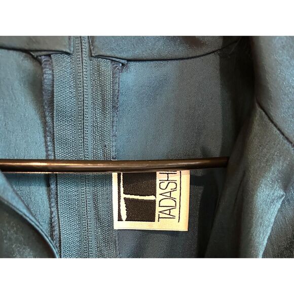 Vintage Tadashi Iridescent Blue Taffeta Rouching V Neck Women's Long Sleeve Top - Picture 3 of 6